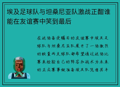 埃及足球队与坦桑尼亚队激战正酣谁能在友谊赛中笑到最后